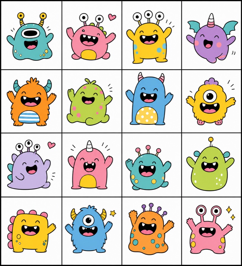 A monsters coloring page open in the Doodle Colors app